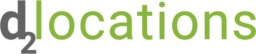 A large grey and green logo for D2 Locations highlighting Los Angeles production housing.